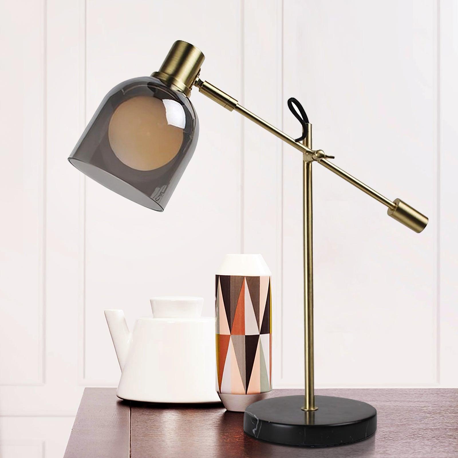 Modern Adjustable Table Lamp with Black Marble Base and Dual Smoked Glass Shade for Interior Lighting
