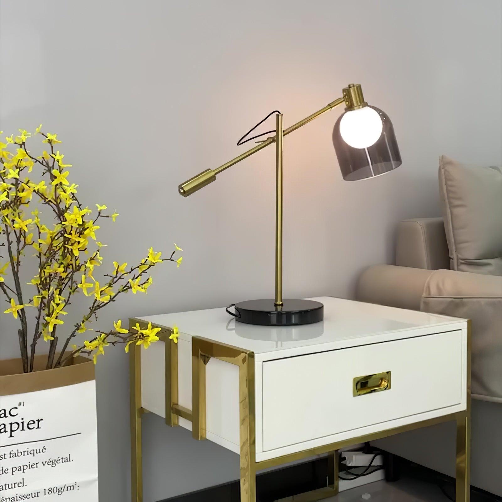 Modern Adjustable Table Lamp with Black Marble Base and Dual Smoked Glass Shade for Interior Lighting