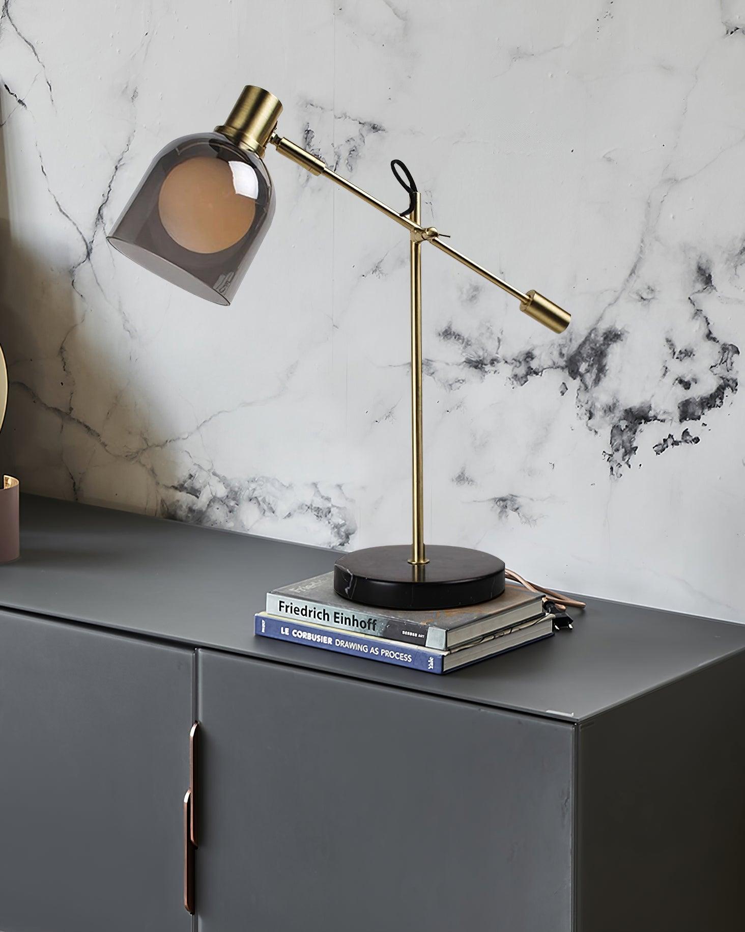 Modern Adjustable Table Lamp with Black Marble Base and Dual Smoked Glass Shade for Interior Lighting