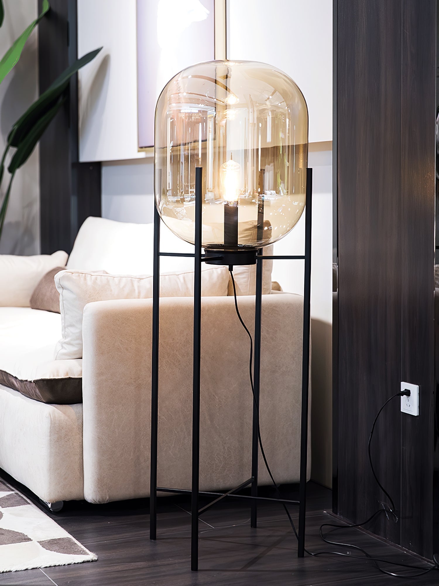 Modern Oda Hand Blown Glass Floor Lamp with Metal Base for Contemporary Home Decor