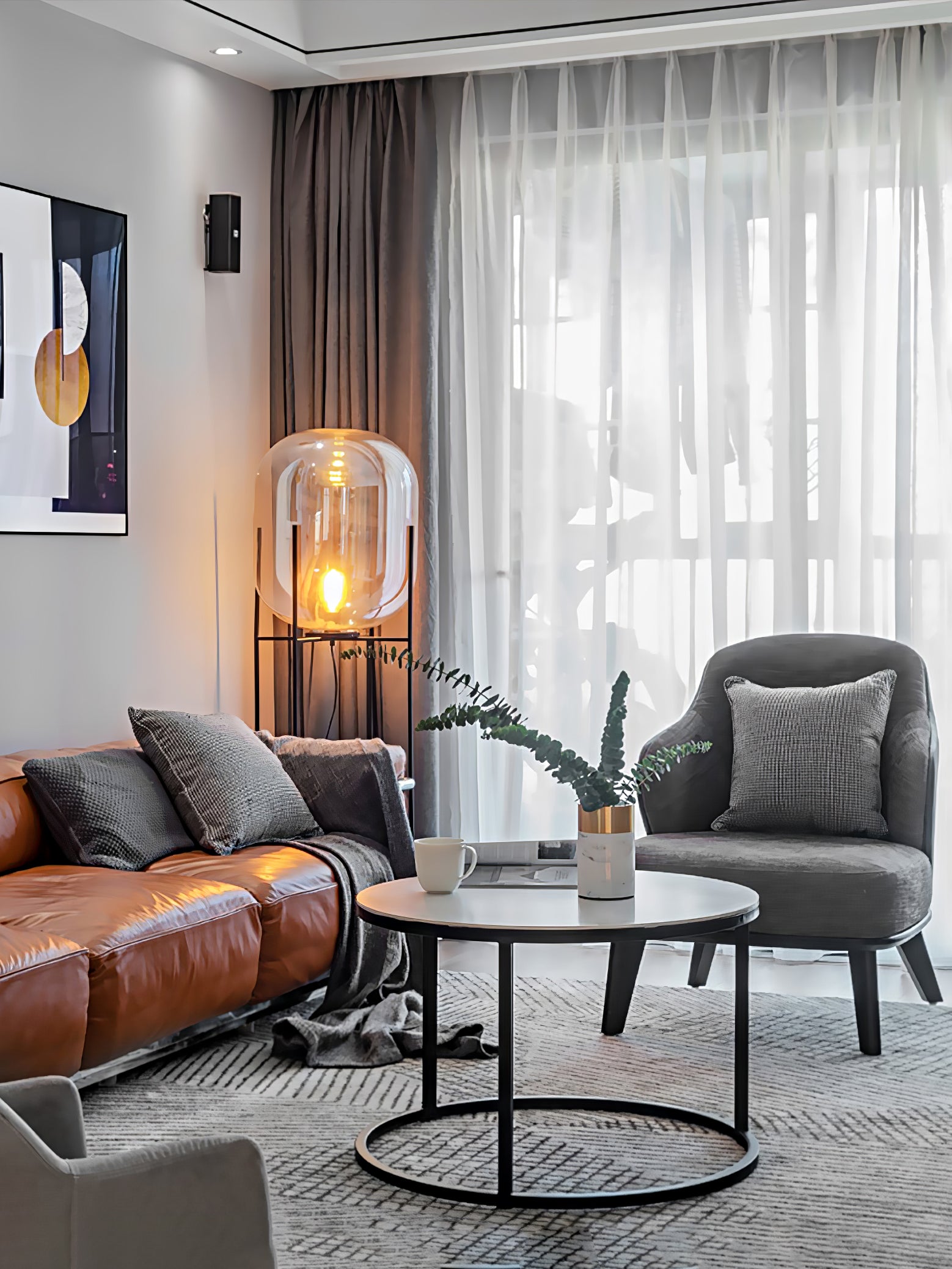 Modern Oda Hand Blown Glass Floor Lamp with Metal Base for Contemporary Home Decor