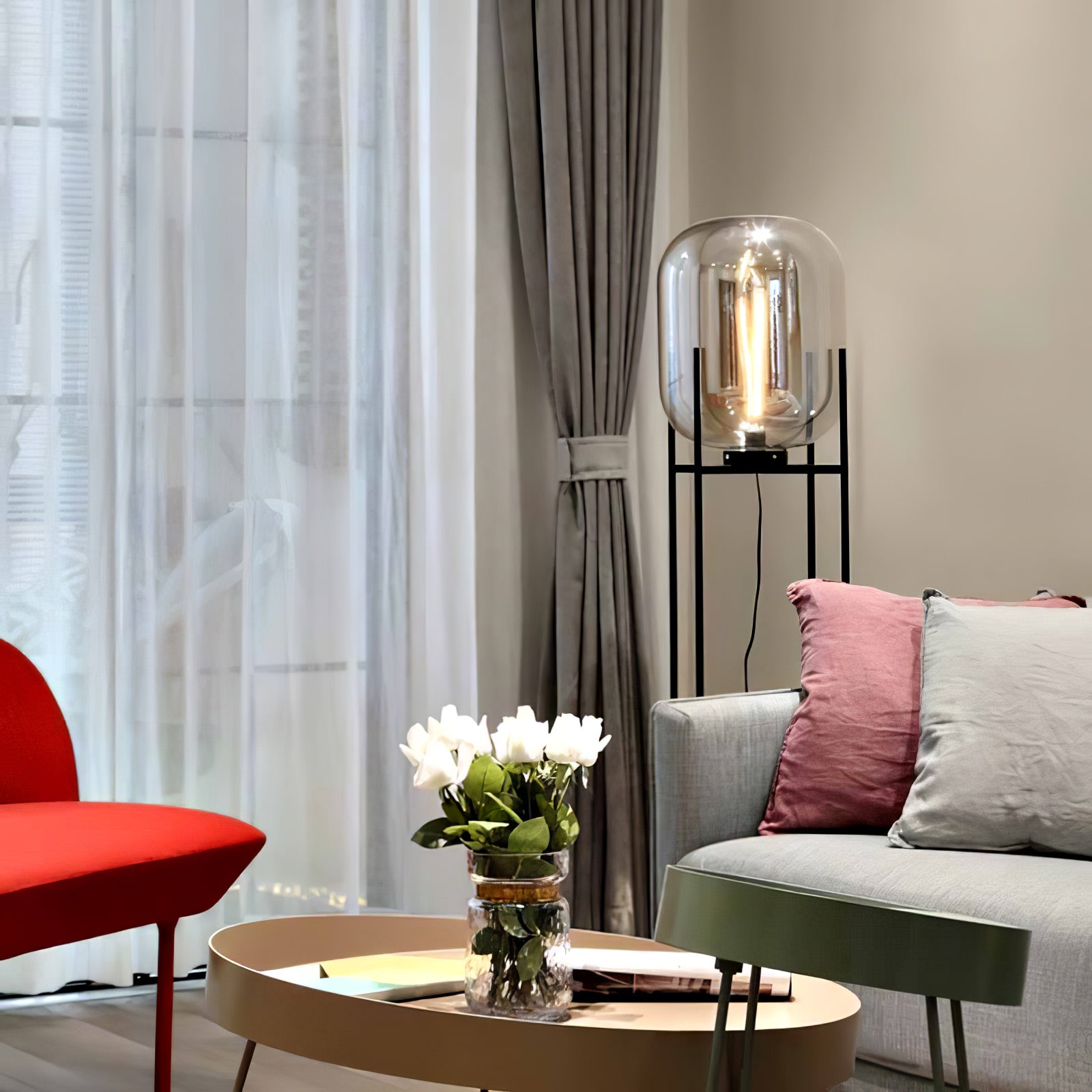 Modern Oda Hand Blown Glass Floor Lamp with Metal Base for Contemporary Home Decor