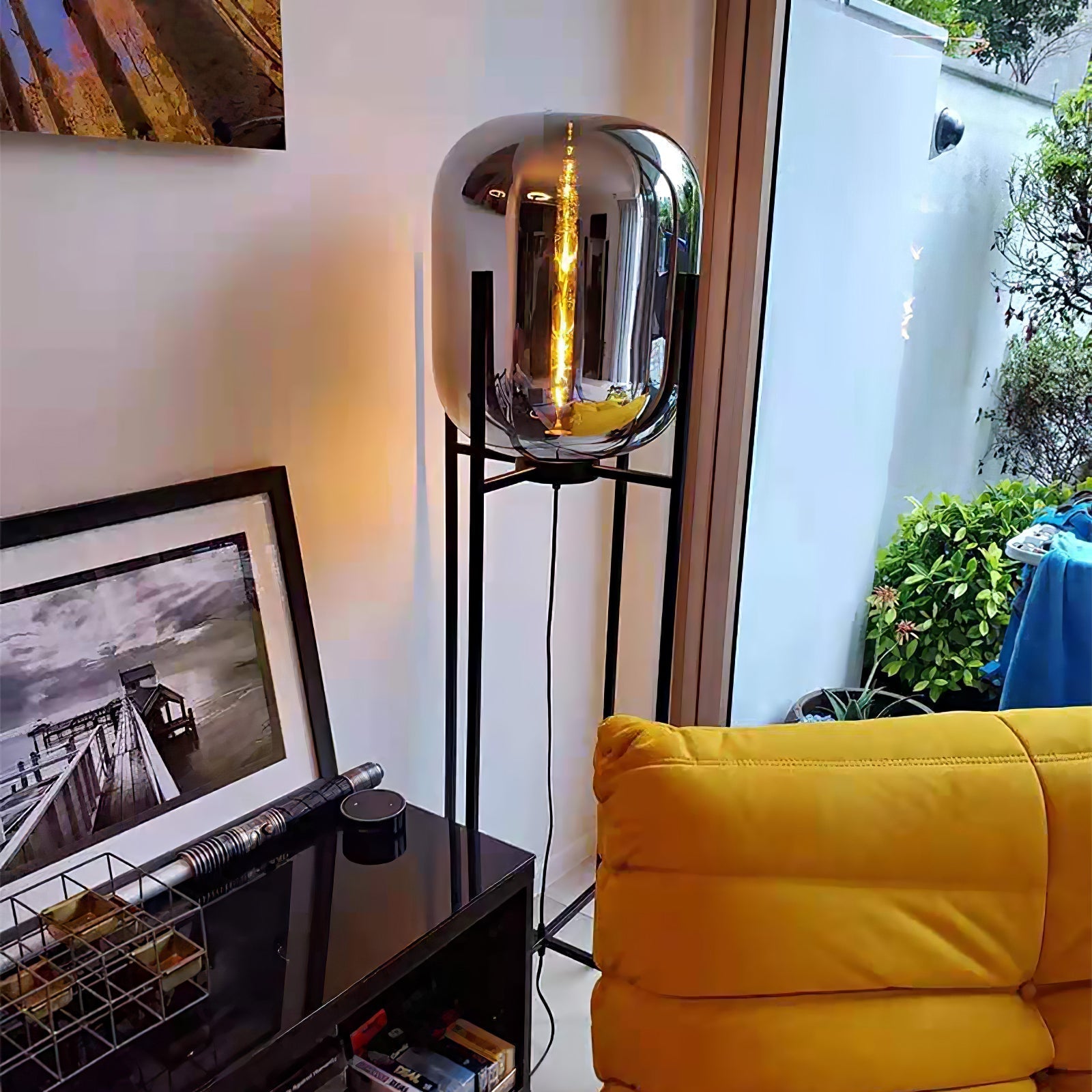 Modern Oda Hand Blown Glass Floor Lamp with Metal Base for Contemporary Home Decor