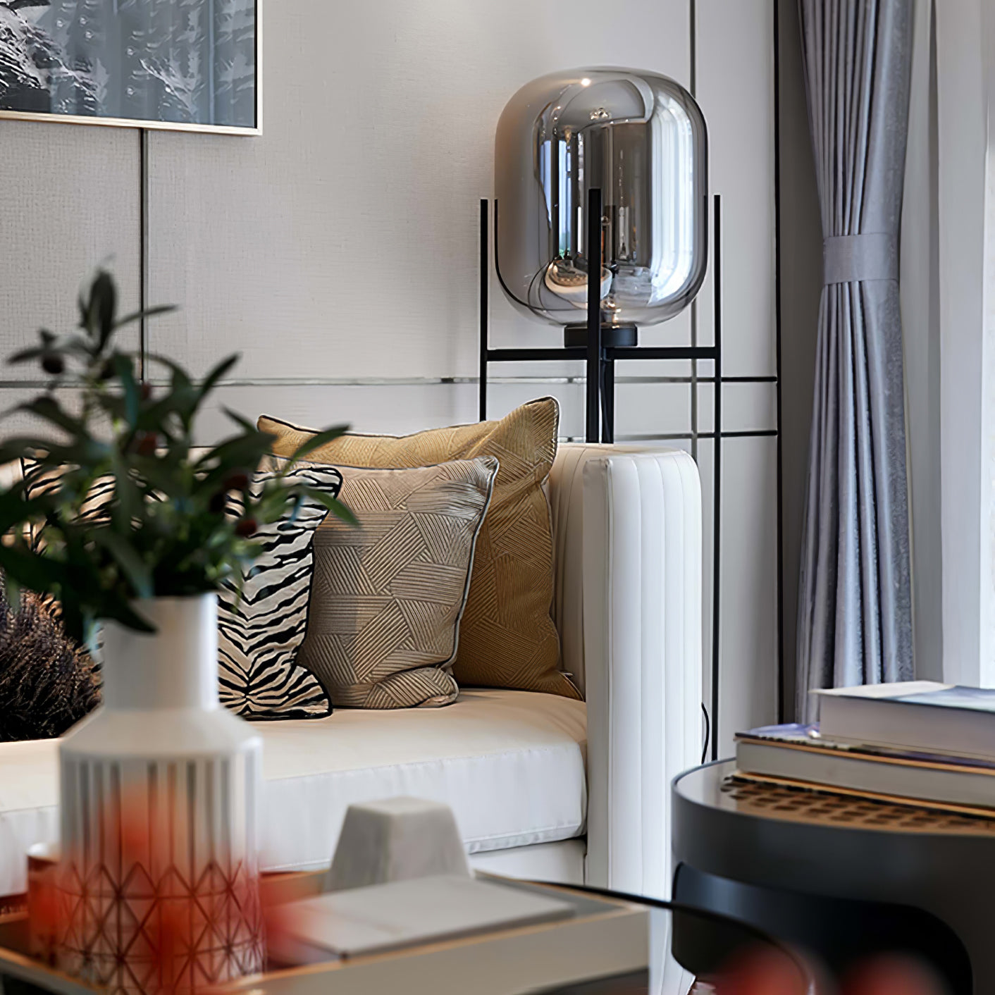 Modern Oda Hand Blown Glass Floor Lamp with Metal Base for Contemporary Home Decor