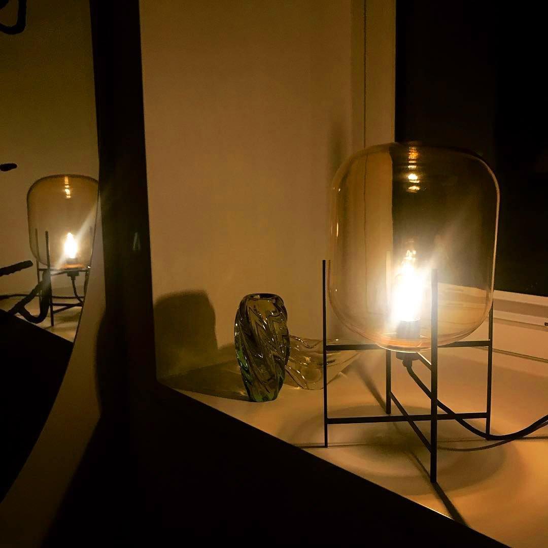 Hand Blown Glass Oda Table Lamp with Metal Base Industrial Accent Light for Living Room