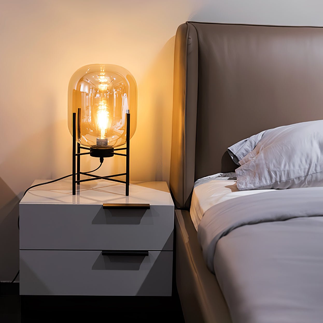 Hand Blown Glass Oda Table Lamp with Metal Base Industrial Accent Light for Living Room