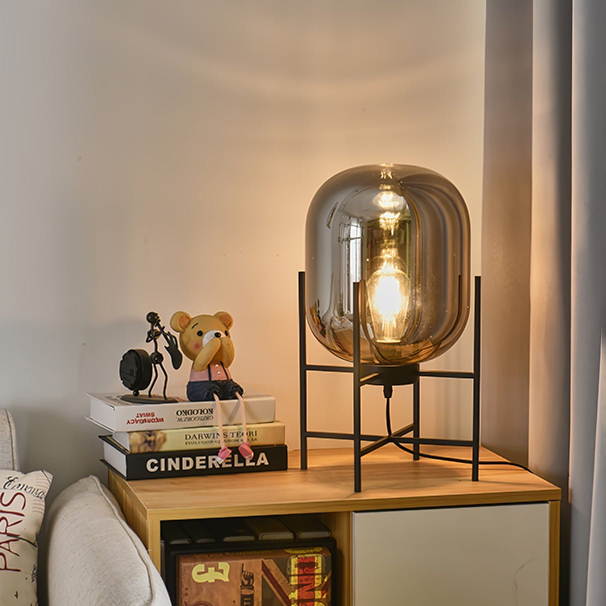 Hand Blown Glass Oda Table Lamp with Metal Base Industrial Accent Light for Living Room