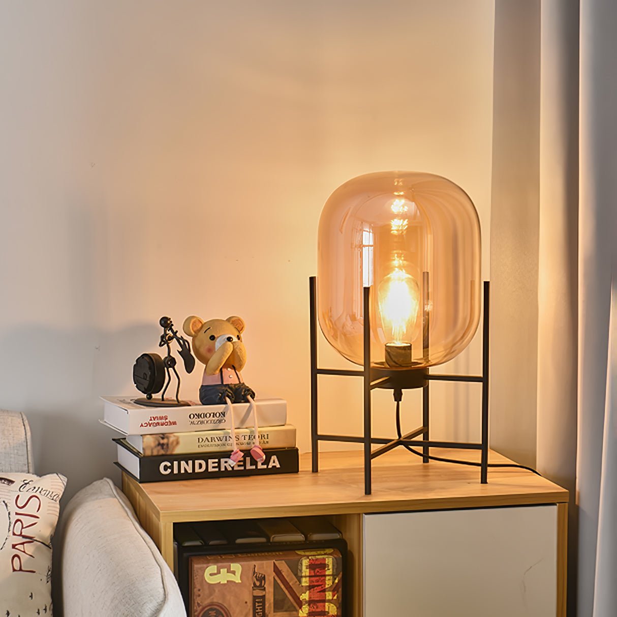 Hand Blown Glass Oda Table Lamp with Metal Base Industrial Accent Light for Living Room
