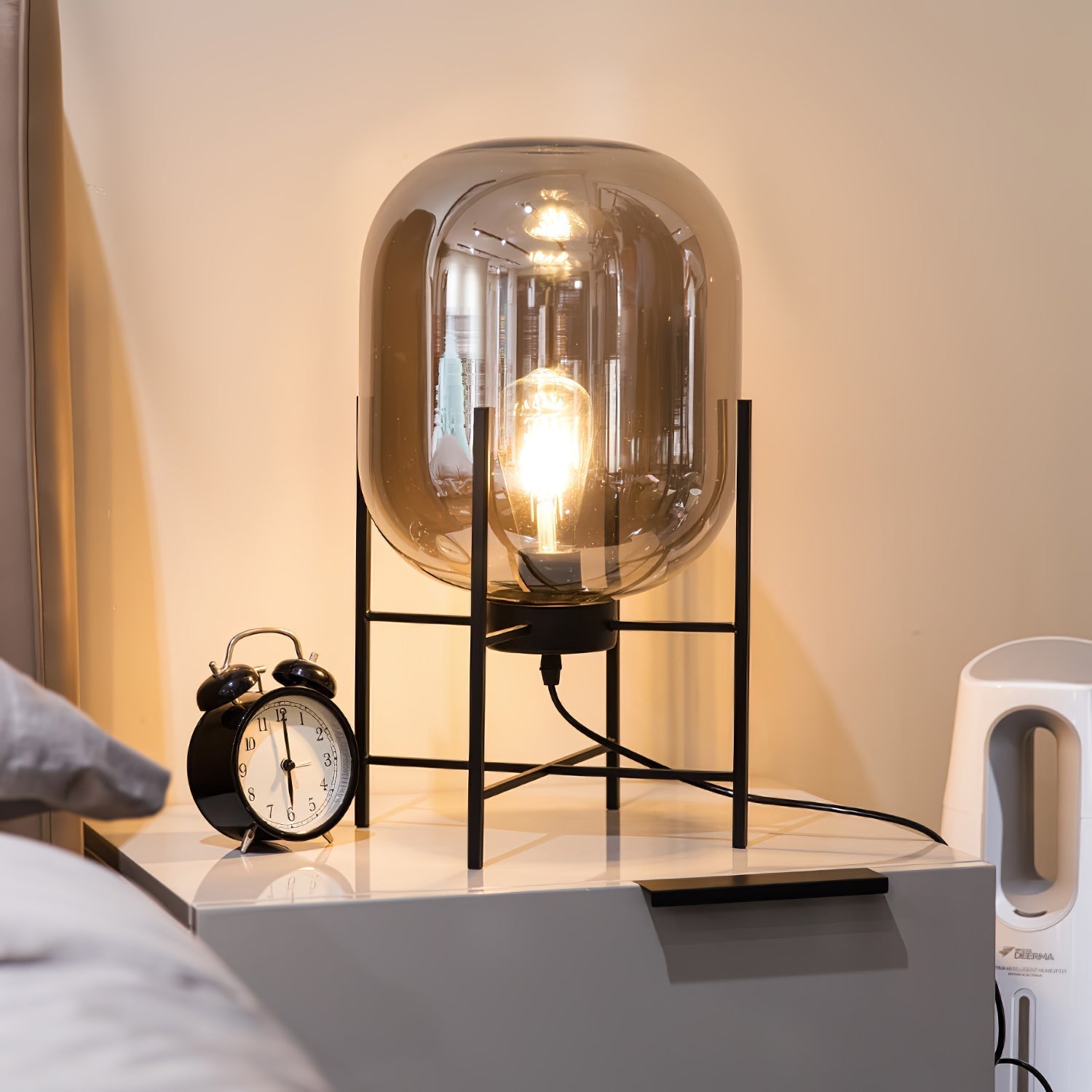 Hand Blown Glass Oda Table Lamp with Metal Base Industrial Accent Light for Living Room