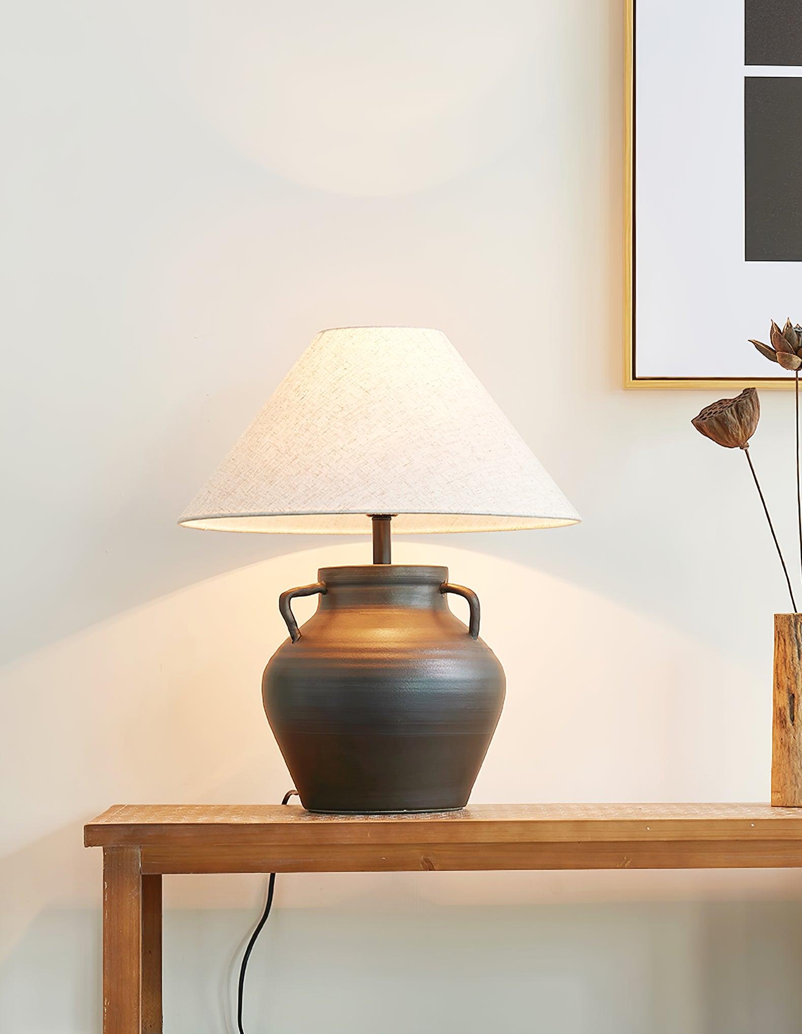 Ceramic Old Wine Pot Table Lamp Rustic Handcrafted Desk Light for Bedroom and Living Room