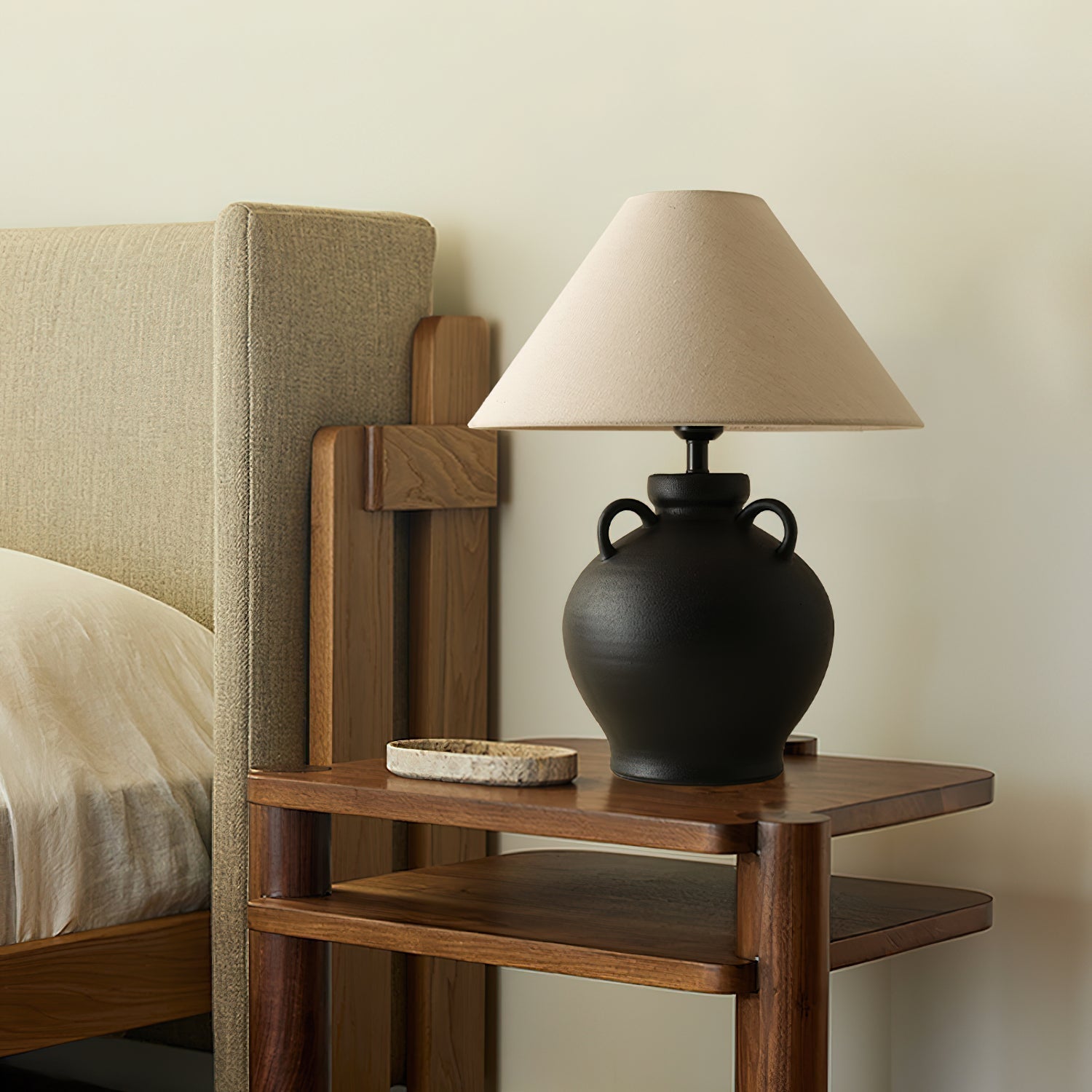 Rustic Wine Pot Ceramic Table Lamp with Fabric Shade for Living Room and Bedroom
