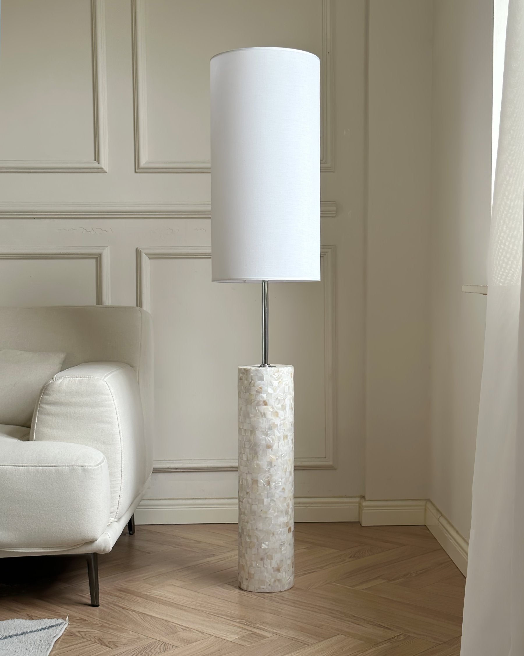 ollie-modern-textured-glass-floor-lamp-with-tall-white-fabric-shade-and-foot-switch-in-chrome-finish