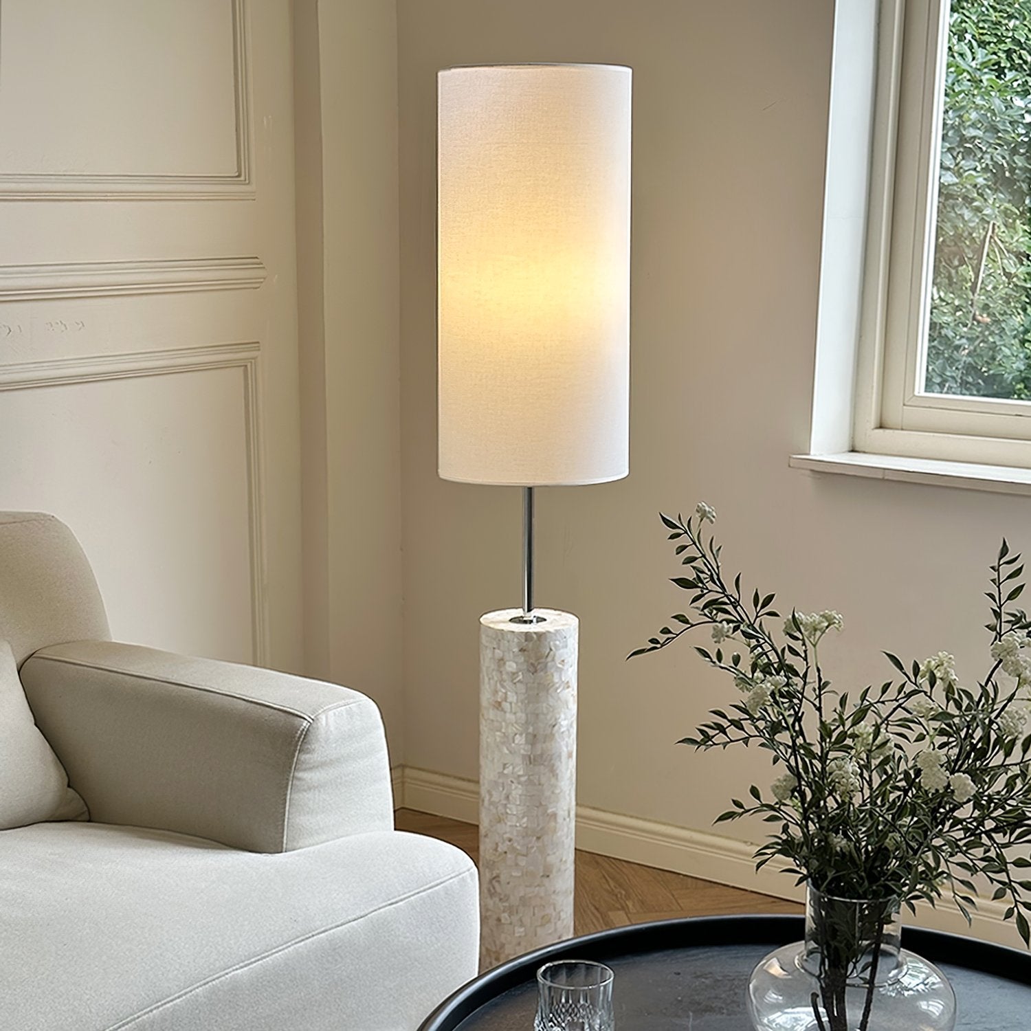ollie-modern-textured-glass-floor-lamp-with-tall-white-fabric-shade-and-foot-switch-in-chrome-finish