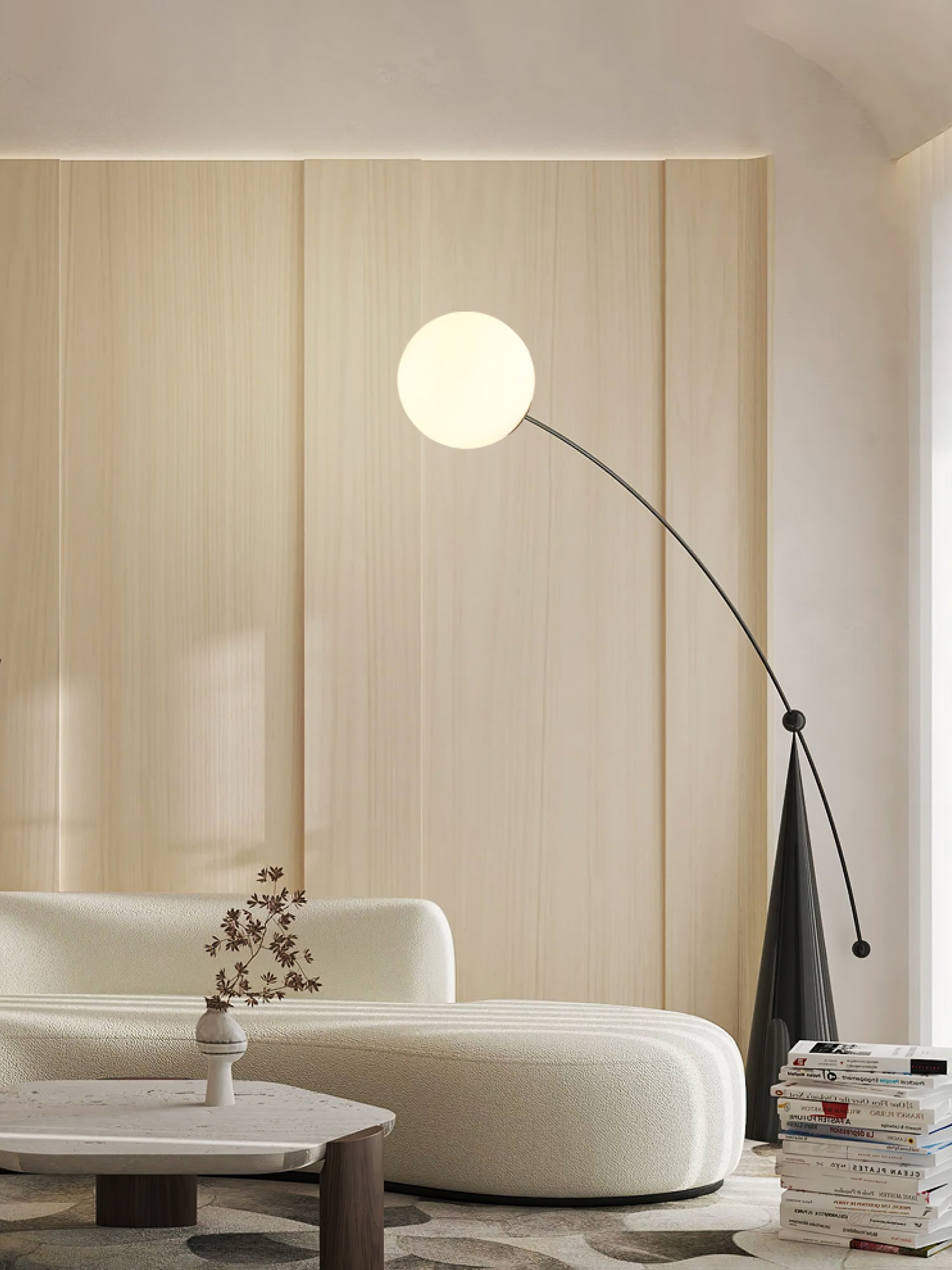 Opal Glass Arc Floor Lamp Modern Ambient Standing Light with Black Metal Finish
