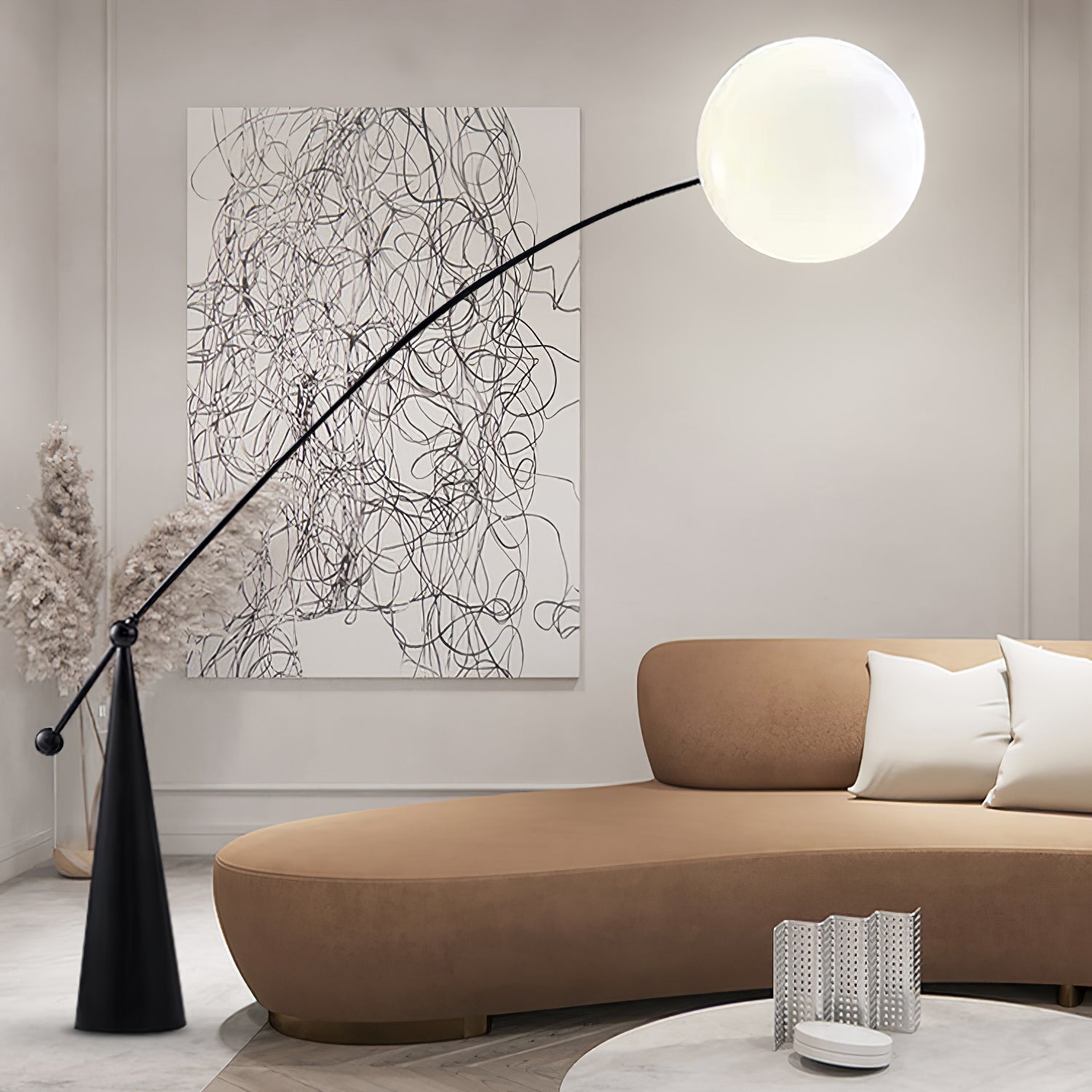 Opal Glass Arc Floor Lamp Modern Ambient Standing Light with Black Metal Finish