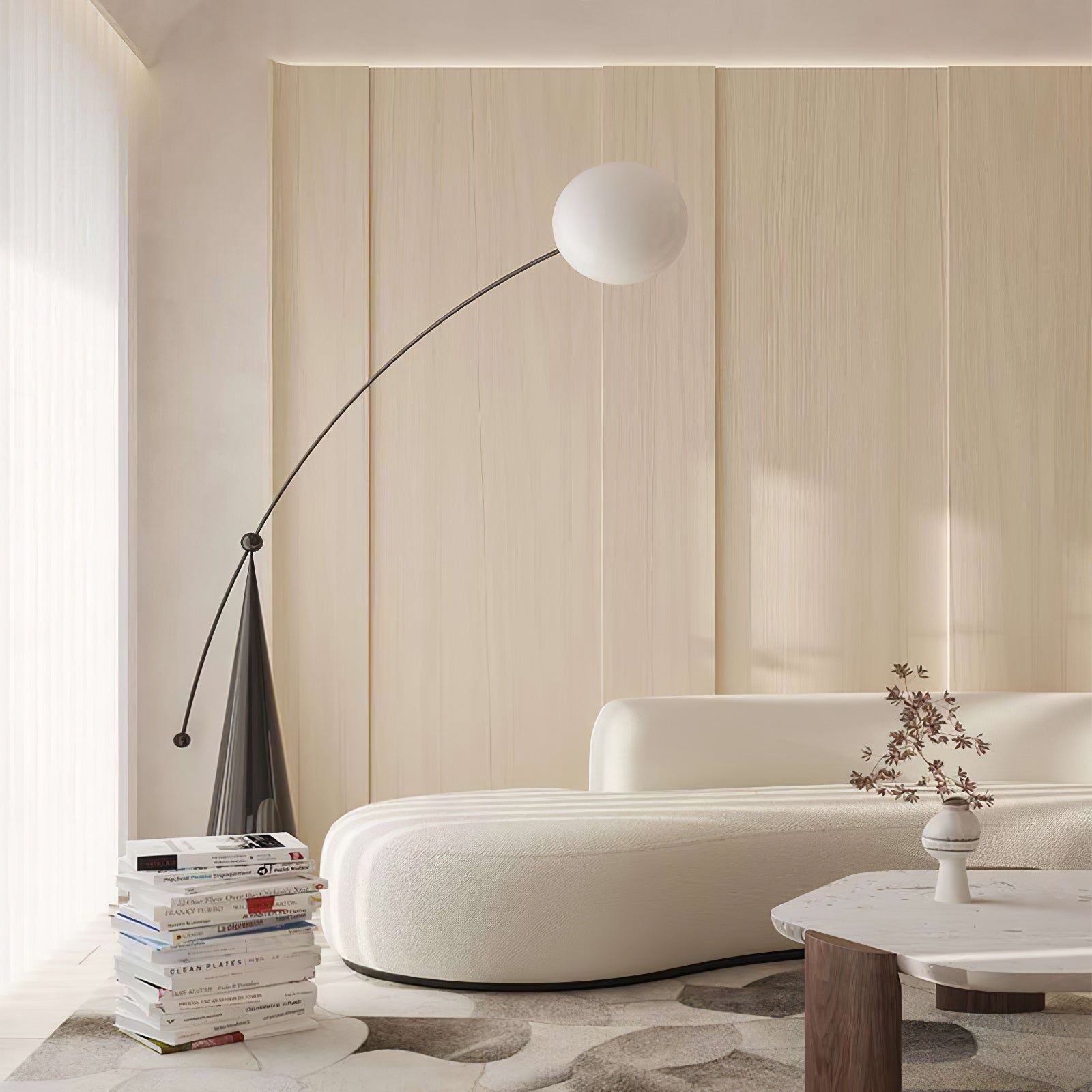 Opal Glass Arc Floor Lamp Modern Ambient Standing Light with Black Metal Finish