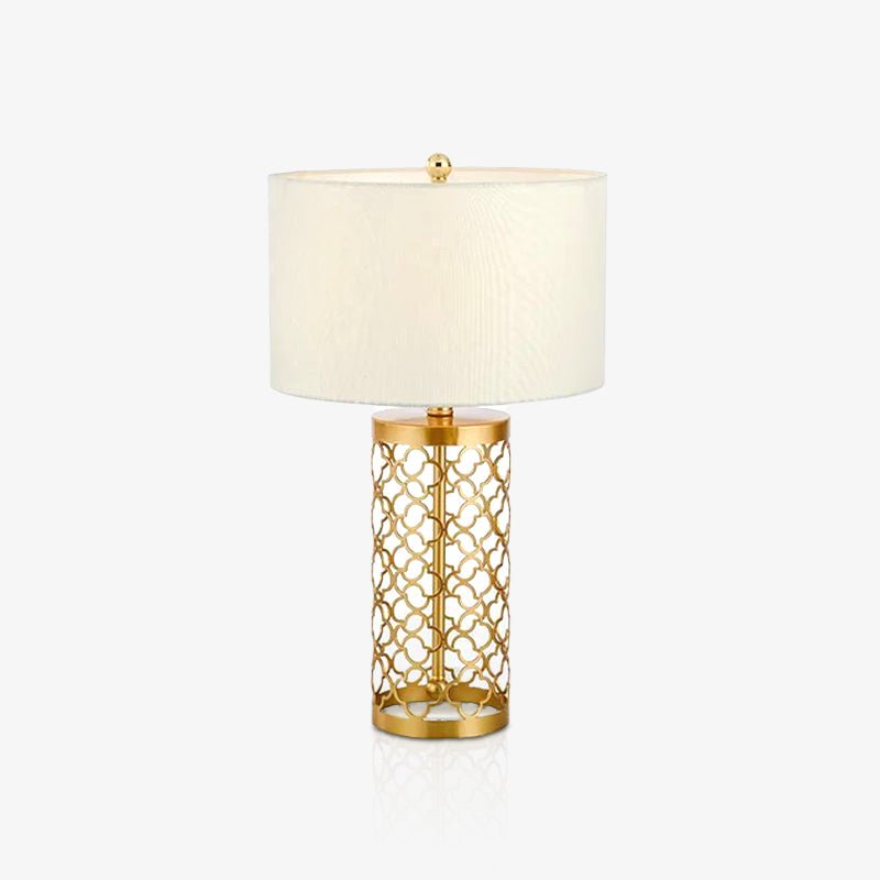 Modern Openwork Gold Metal Table Lamp with Satin Shade for Living Room and Bedroom