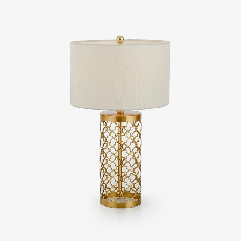 Modern Openwork Gold Metal Table Lamp with Satin Shade for Living Room and Bedroom