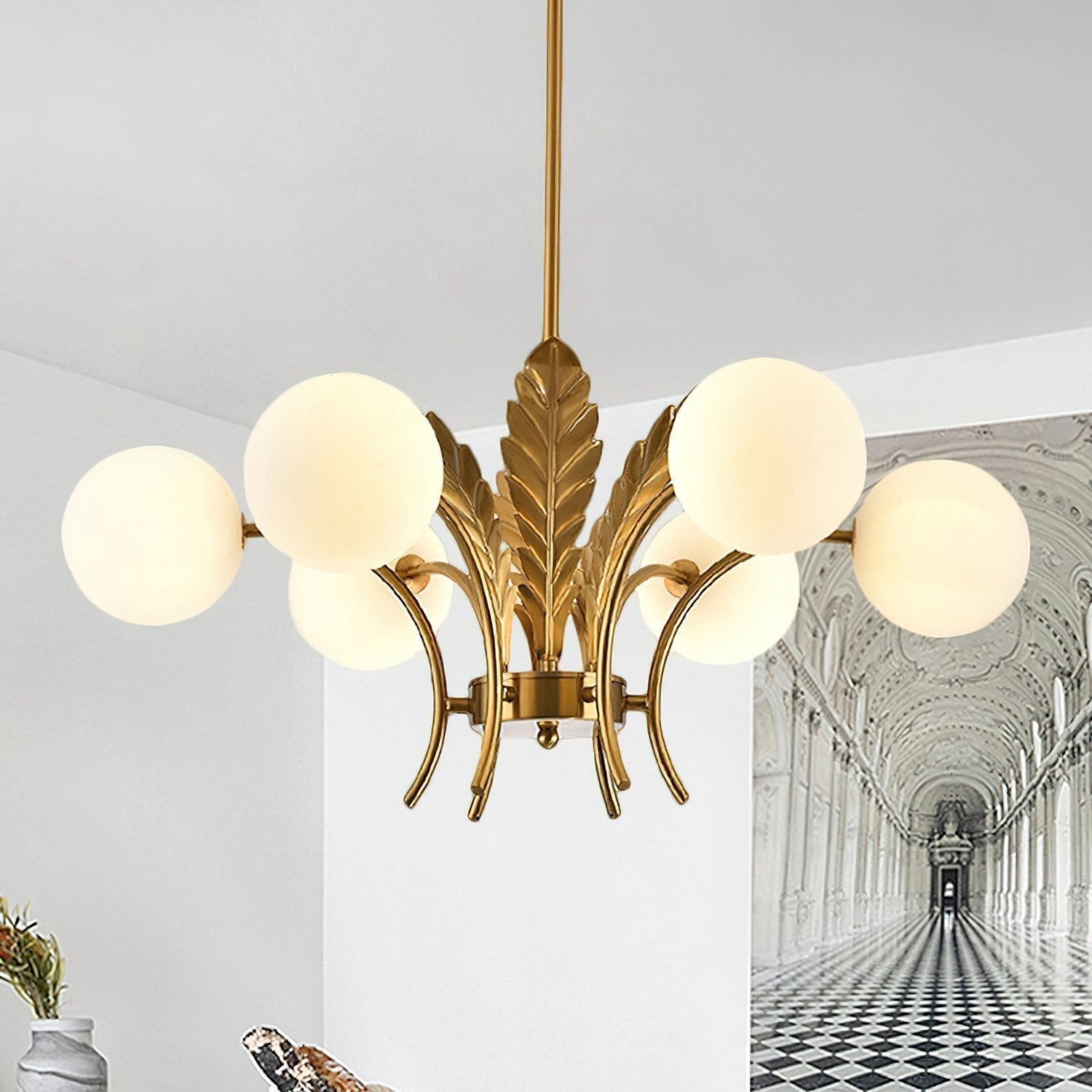 modern-ophelia-glass-globe-chandelier-with-wrought-iron-and-feather-detail-in-antique-gold