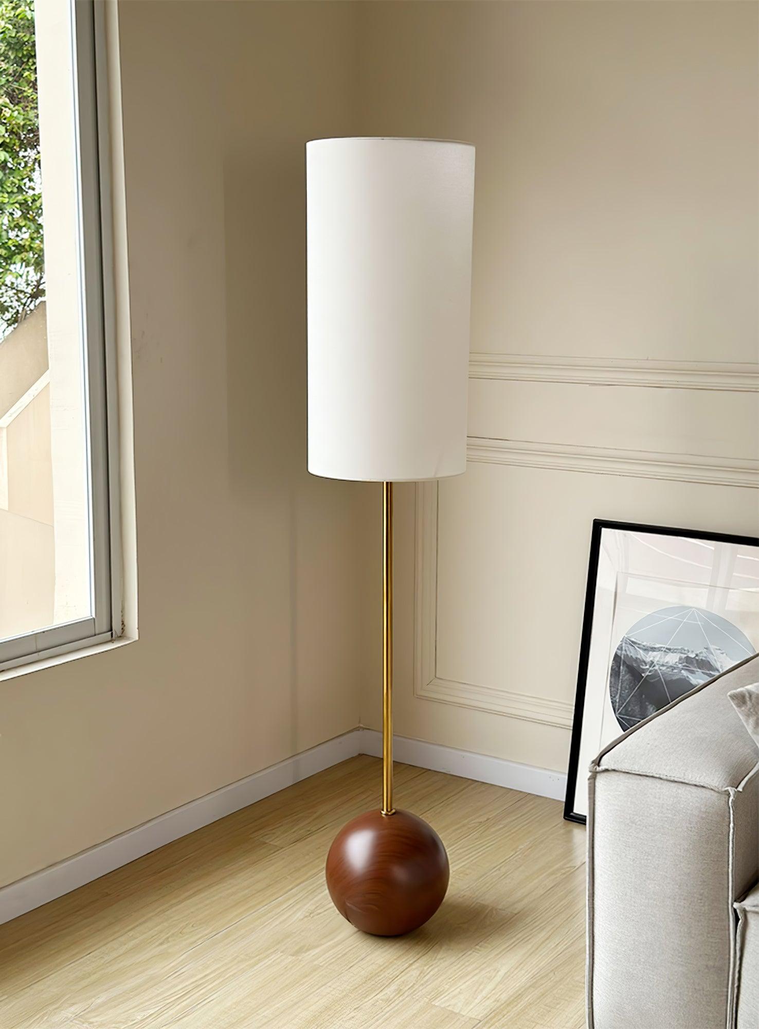 Orbis Geometric Wooden Sphere Standing Floor Lamp with White Fabric Drum Shade