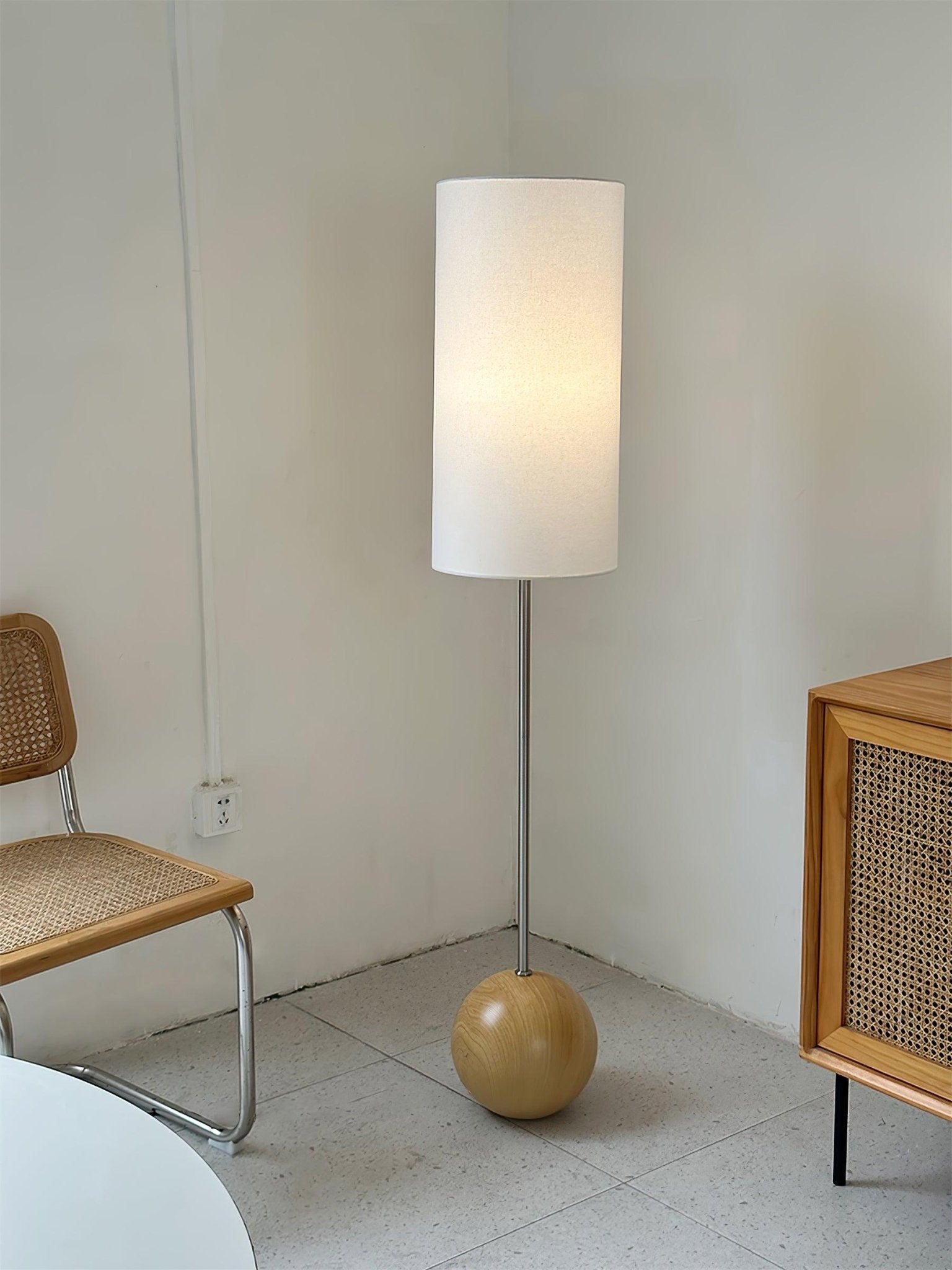 Orbis Geometric Wooden Sphere Standing Floor Lamp with White Fabric Drum Shade
