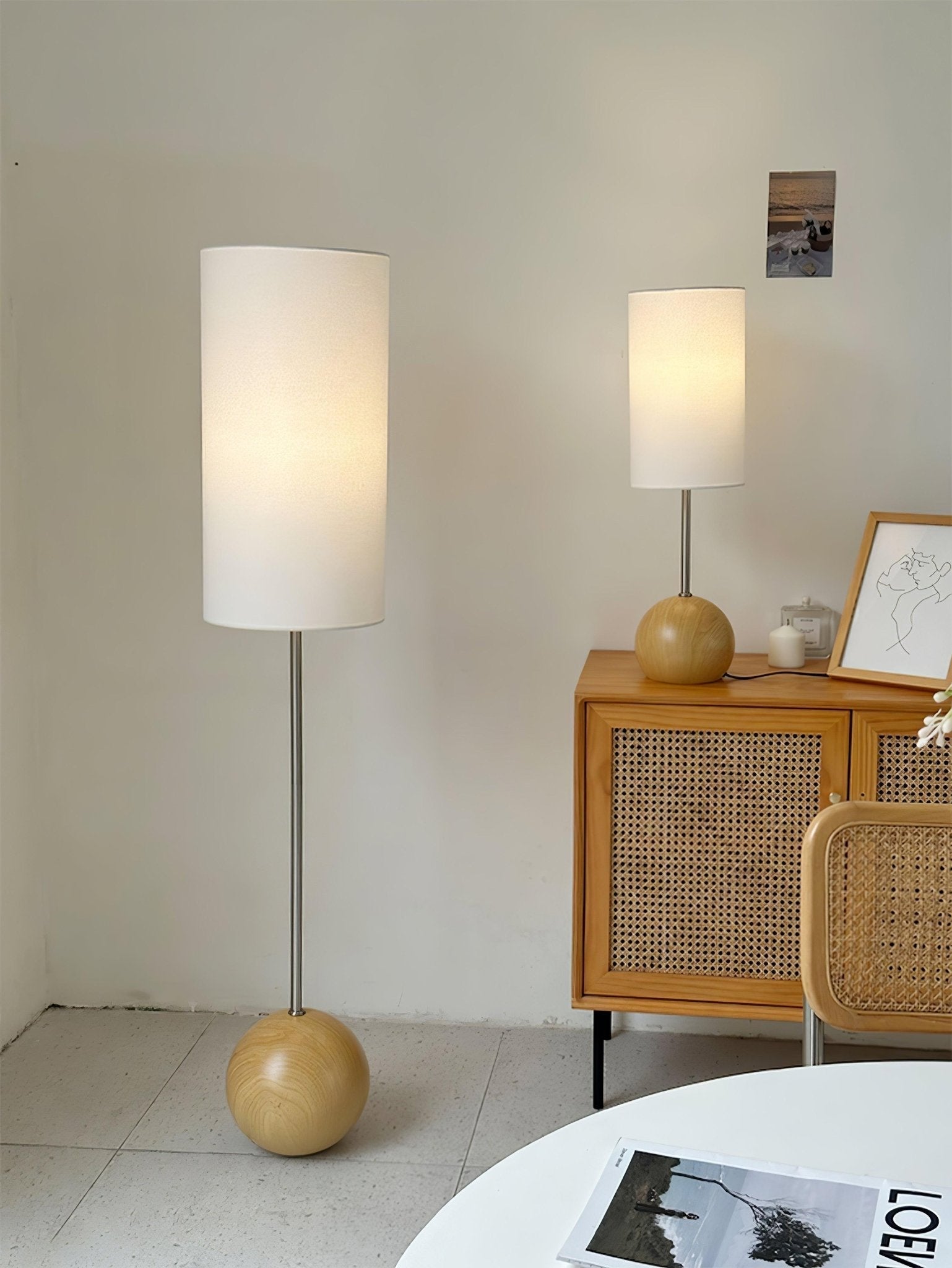 Orbis Geometric Wooden Sphere Standing Floor Lamp with White Fabric Drum Shade