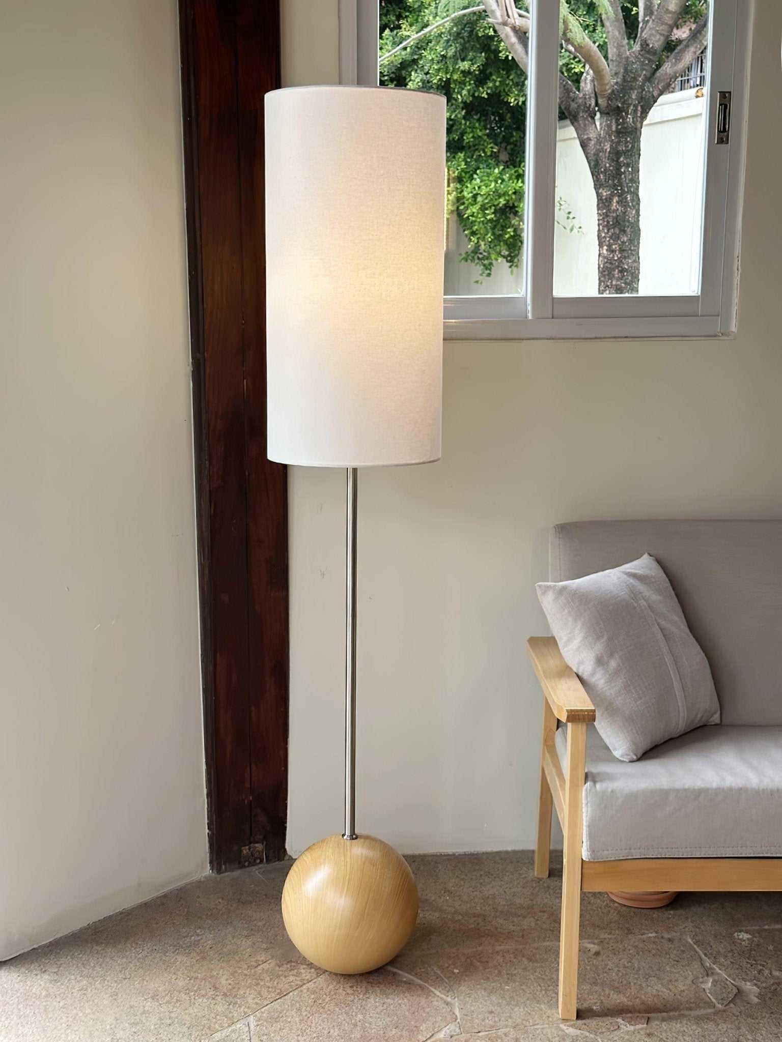 Orbis Geometric Wooden Sphere Standing Floor Lamp with White Fabric Drum Shade