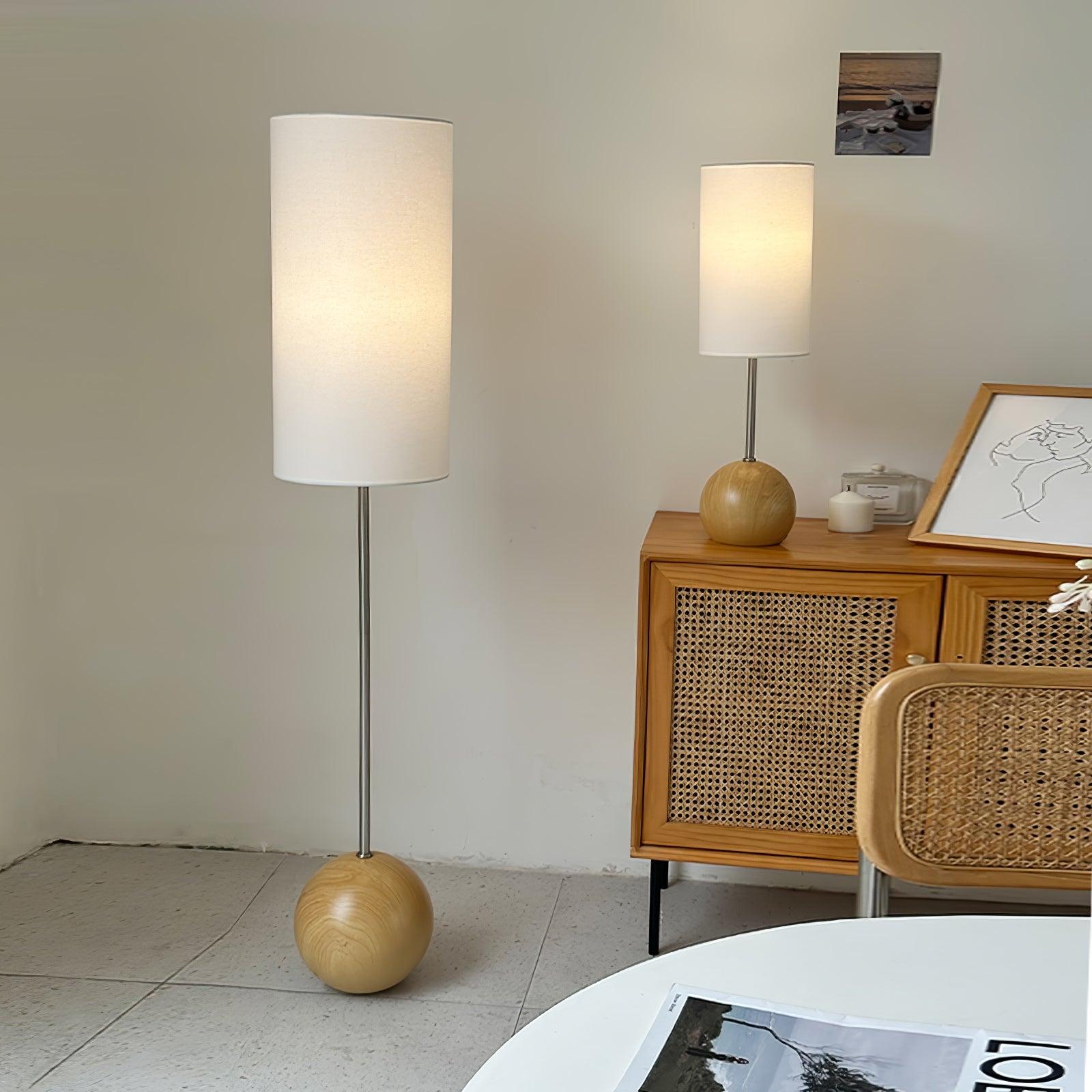 Orbis Geometric Wooden Sphere Standing Floor Lamp with White Fabric Drum Shade