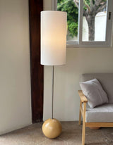Orbis Geometric Wooden Sphere Standing Floor Lamp with White Fabric Drum Shade