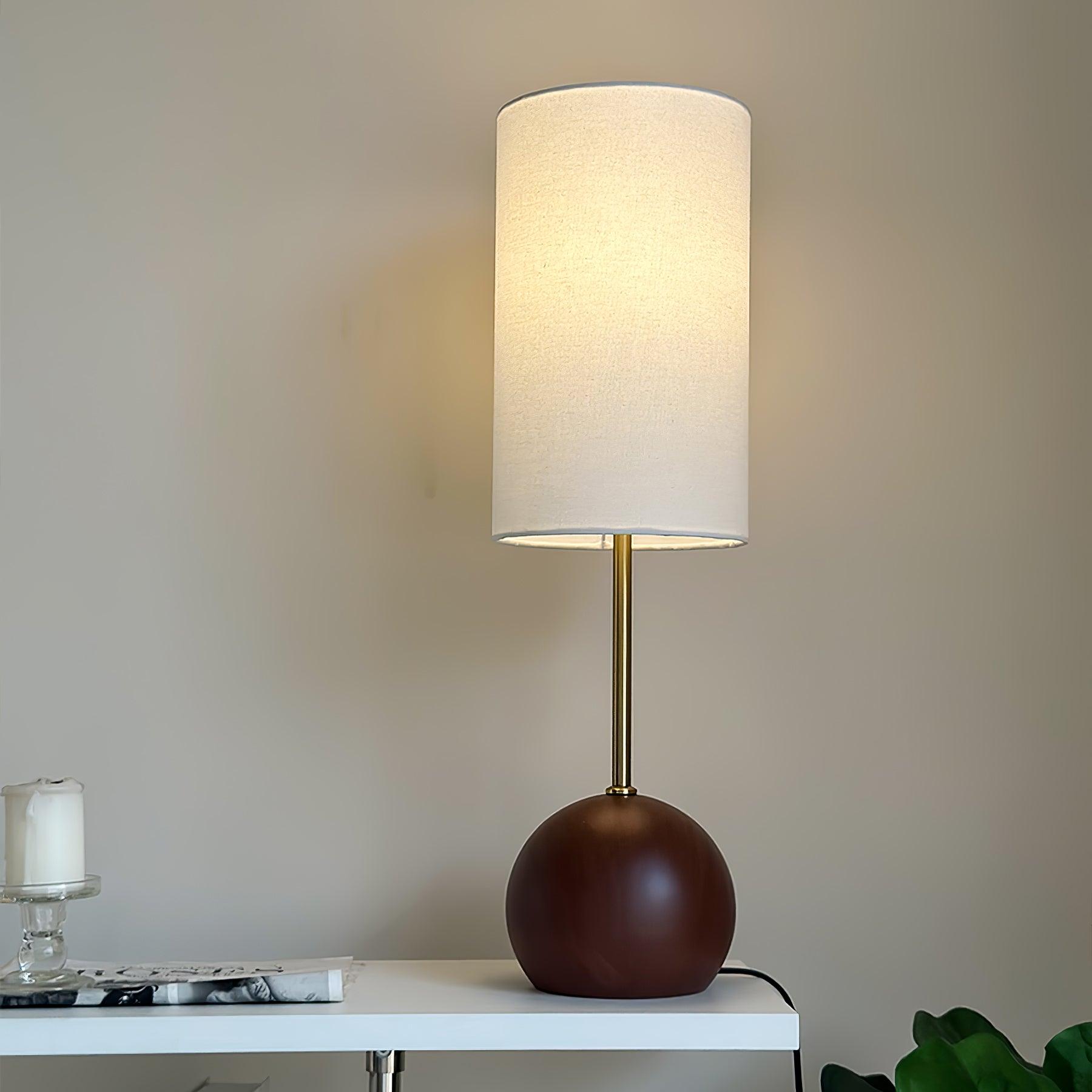 Mid Century Modern Wooden Sphere Table Lamp with Fabric Shade for Bedside and Living Room