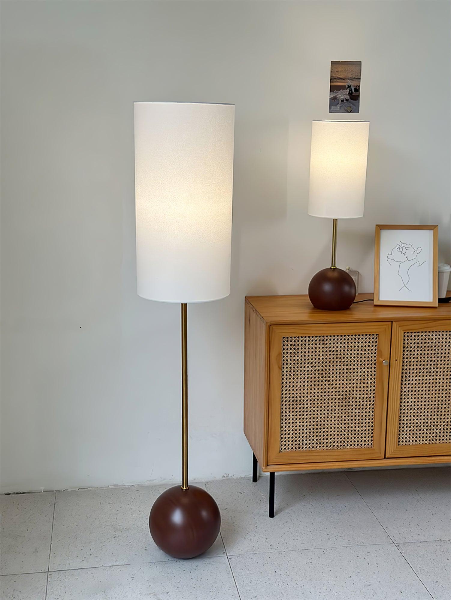 Mid Century Modern Wooden Sphere Table Lamp with Fabric Shade for Bedside and Living Room