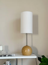 Mid Century Modern Wooden Sphere Table Lamp with Fabric Shade for Bedside and Living Room