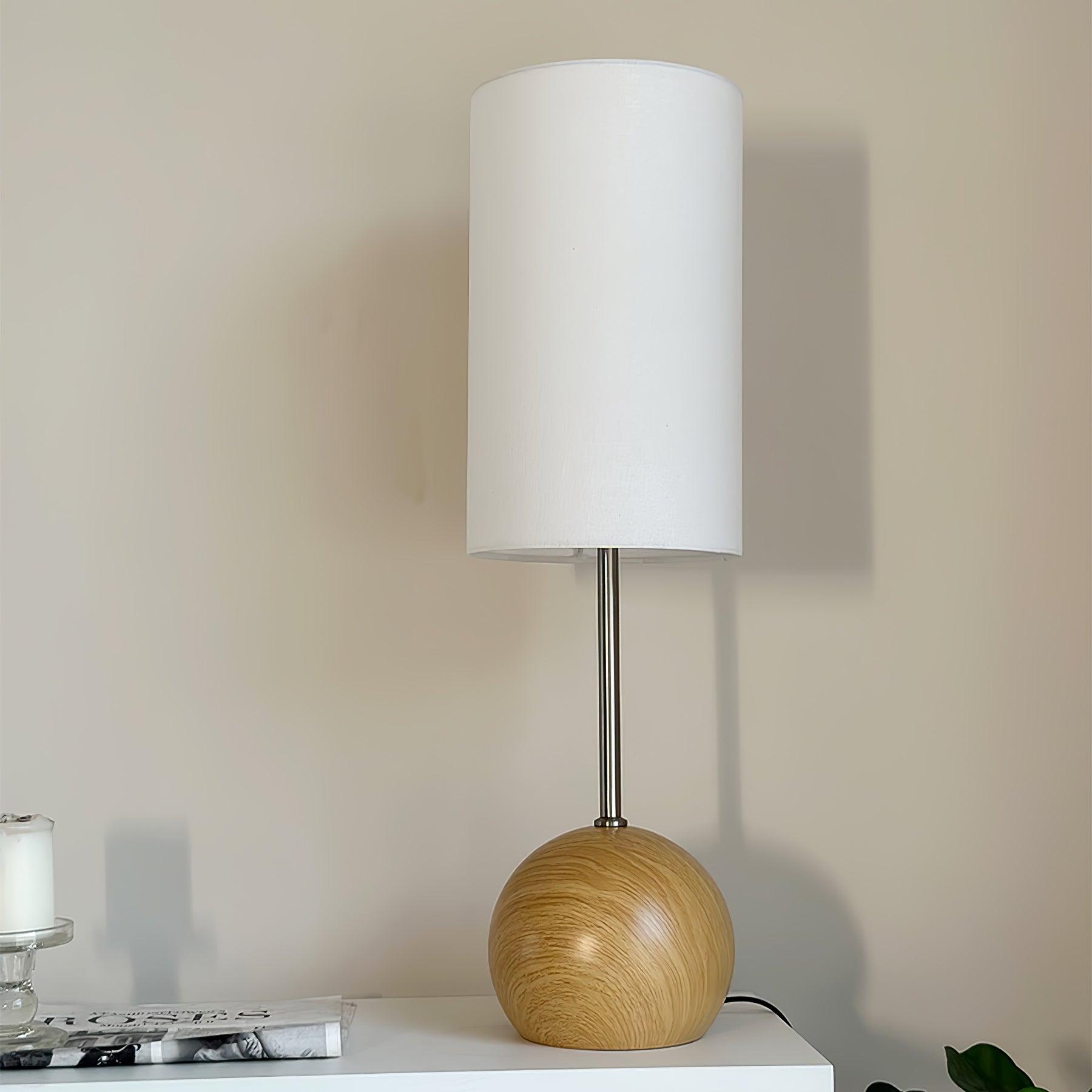 Mid Century Modern Wooden Sphere Table Lamp with Fabric Shade for Bedside and Living Room