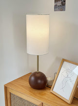 Mid Century Modern Wooden Sphere Table Lamp with Fabric Shade for Bedside and Living Room