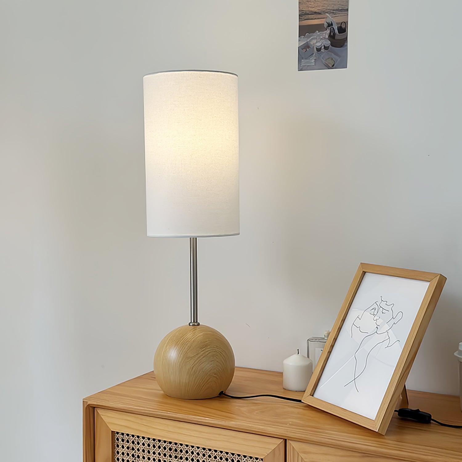 Mid Century Modern Wooden Sphere Table Lamp with Fabric Shade for Bedside and Living Room