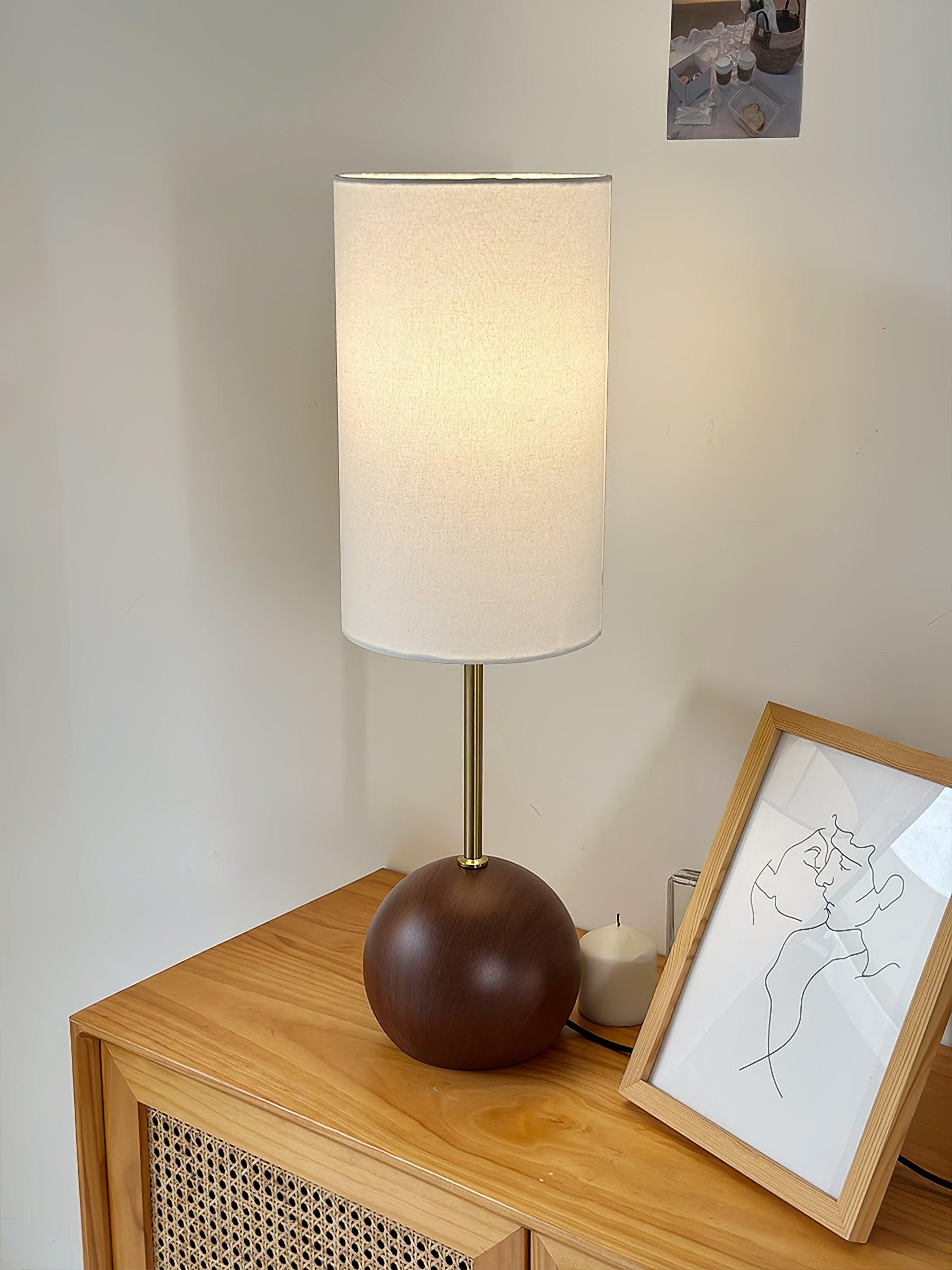 Mid Century Modern Wooden Sphere Table Lamp with Fabric Shade for Bedside and Living Room