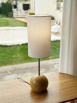 Mid Century Modern Wooden Sphere Table Lamp with Fabric Shade for Bedside and Living Room