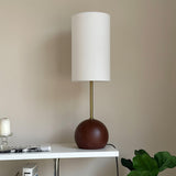 Mid Century Modern Wooden Sphere Table Lamp with Fabric Shade for Bedside and Living Room