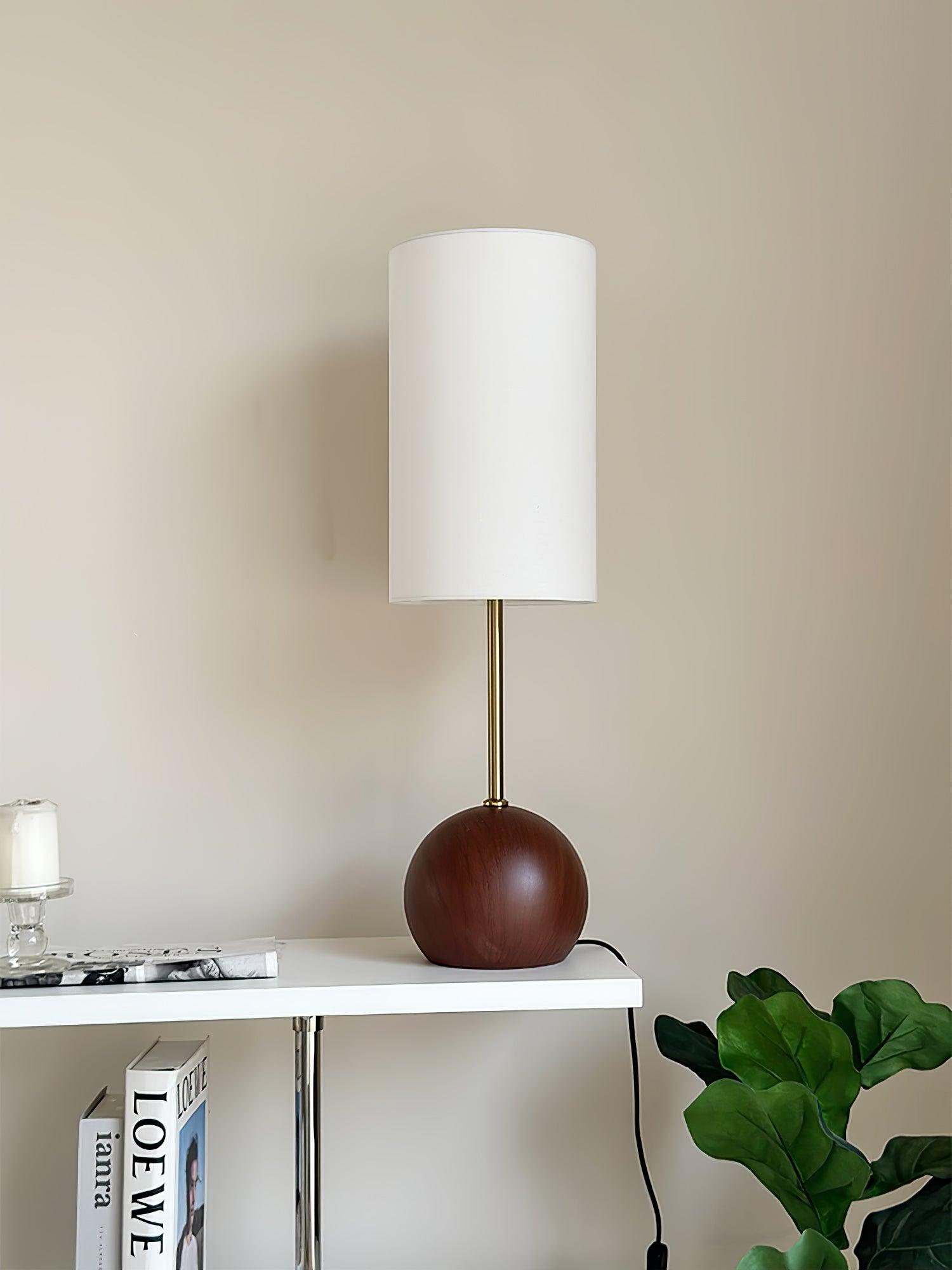 Mid Century Modern Wooden Sphere Table Lamp with Fabric Shade for Bedside and Living Room