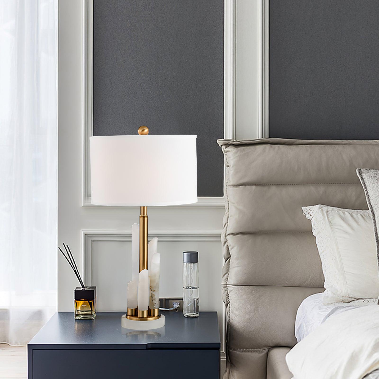 Orbit Modern Metal Table Lamp with Natural Alabaster Base and Fabric Shade for Luxury Interiors