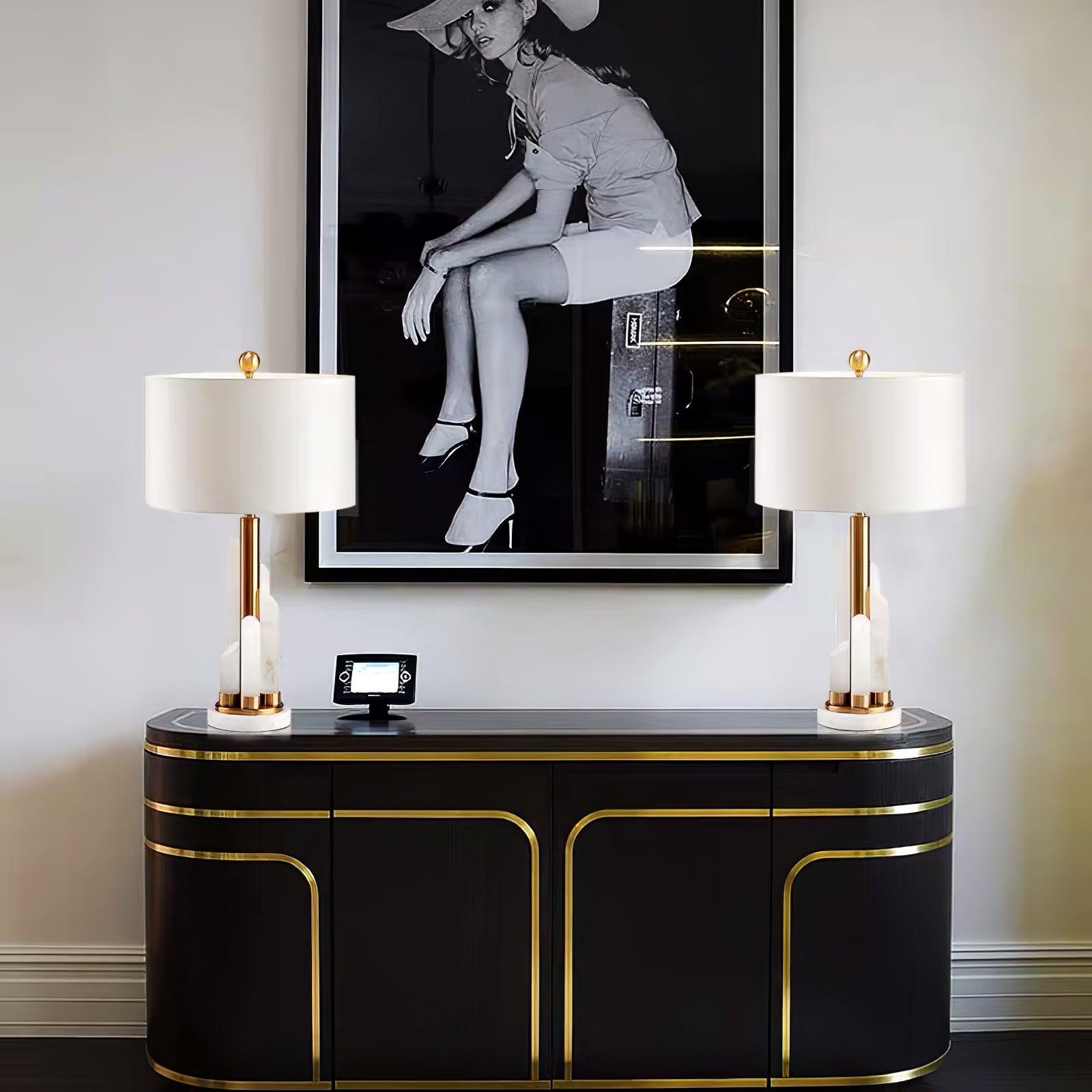 Orbit Modern Metal Table Lamp with Natural Alabaster Base and Fabric Shade for Luxury Interiors