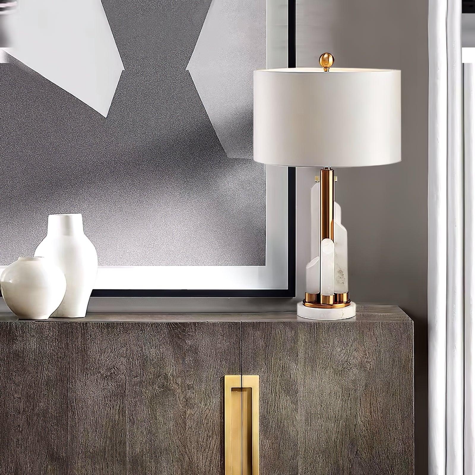 Orbit Modern Metal Table Lamp with Natural Alabaster Base and Fabric Shade for Luxury Interiors