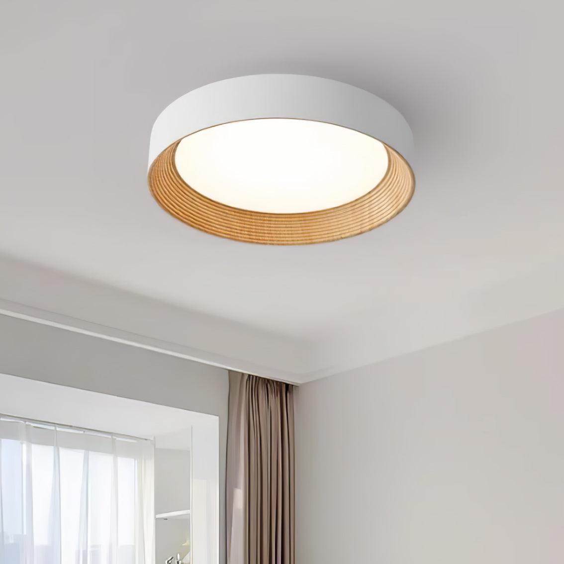 Oreen Modern Round Flush Mount LED Ceiling Light with Wood Grain Finish and Three Color Dimming