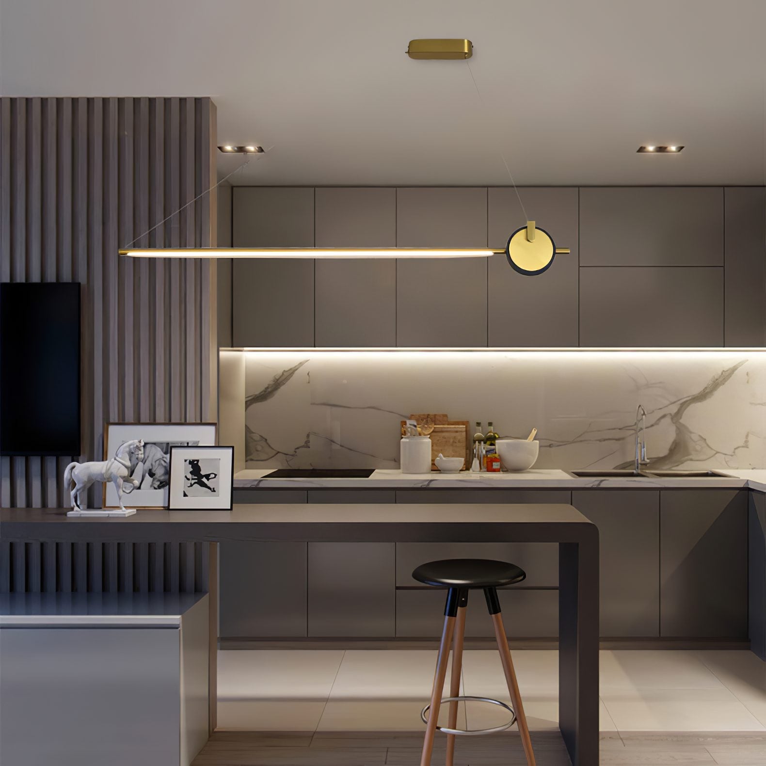 minimalist-led-linear-pendant-light-with-gold-sphere-trim-for-dining-room