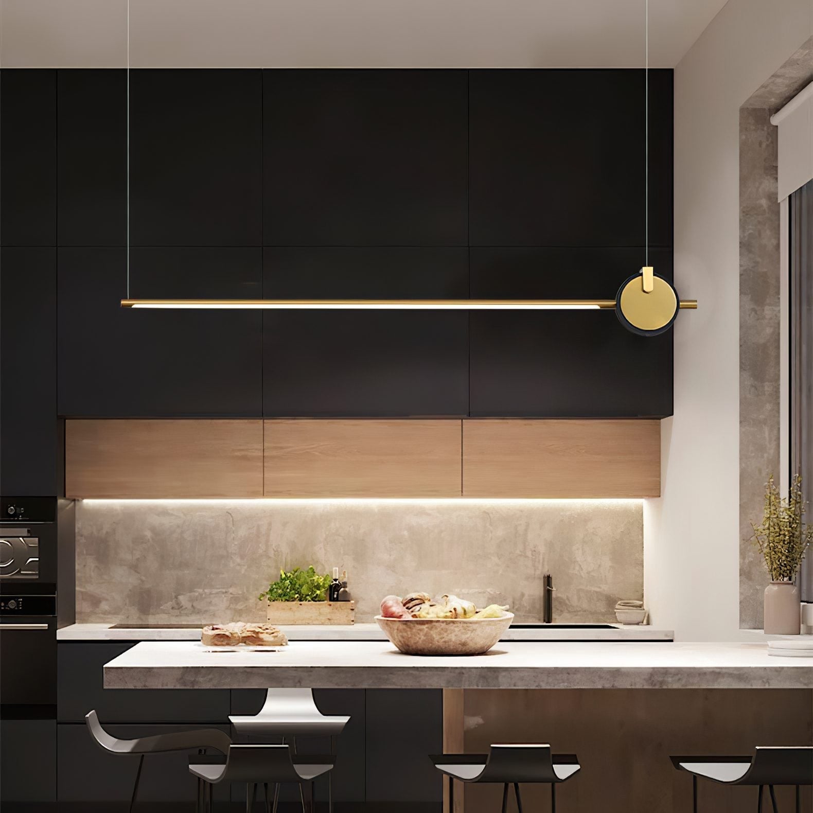 minimalist-led-linear-pendant-light-with-gold-sphere-trim-for-dining-room