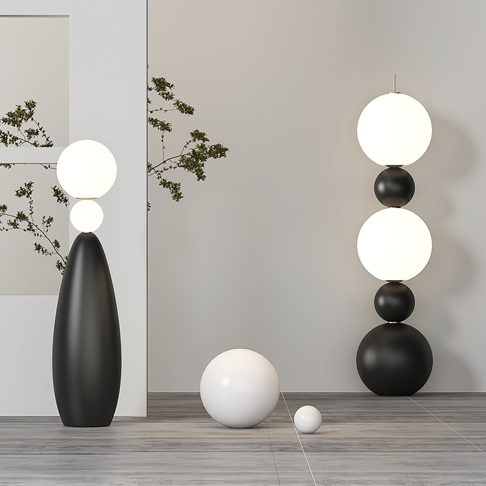 Modern Orion Sphere Floor Lamp Minimalist Black and White Glass Globe Standing Light