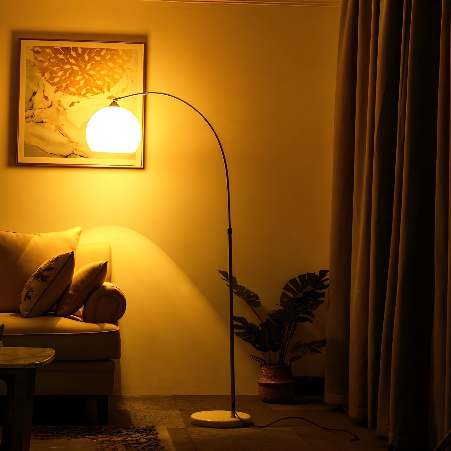 Mid Century Modern Arch Floor Lamp with Glass Dome Shade and Solid Marble Base