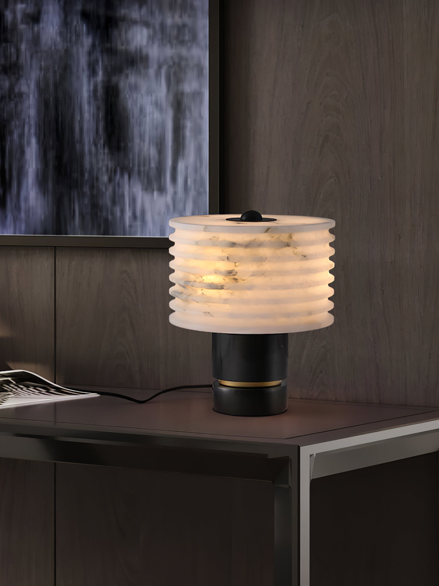 Modern Brass and Marble Table Lamp with Hand Cut Alabaster Stone Shade Elegant Desk Lighting