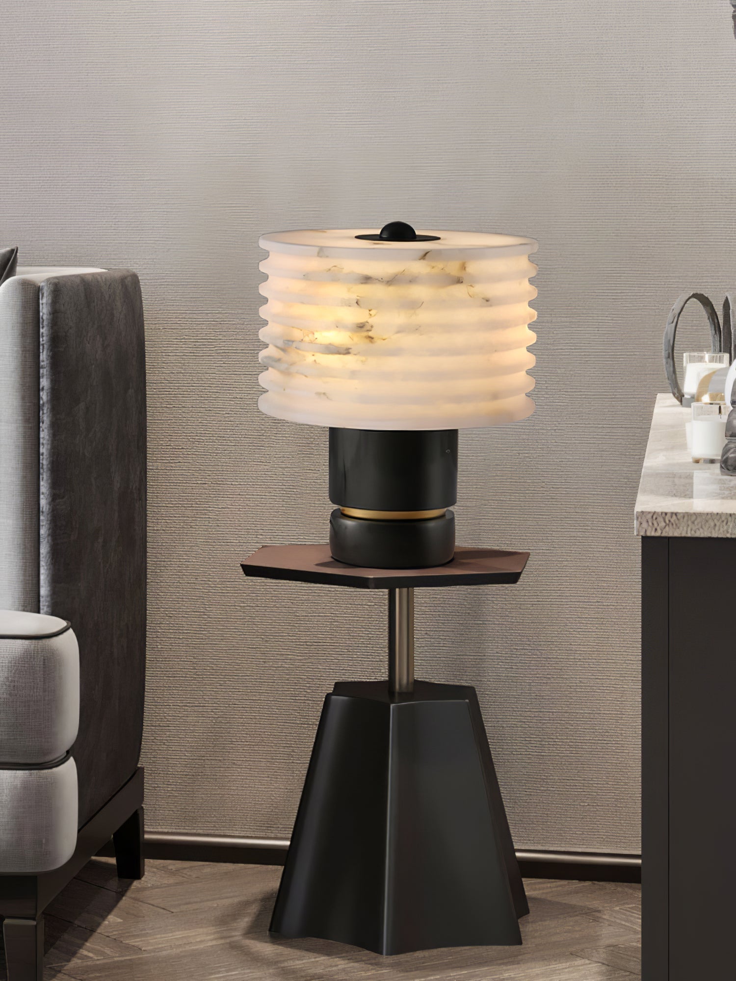 Modern Brass and Marble Table Lamp with Hand Cut Alabaster Stone Shade Elegant Desk Lighting