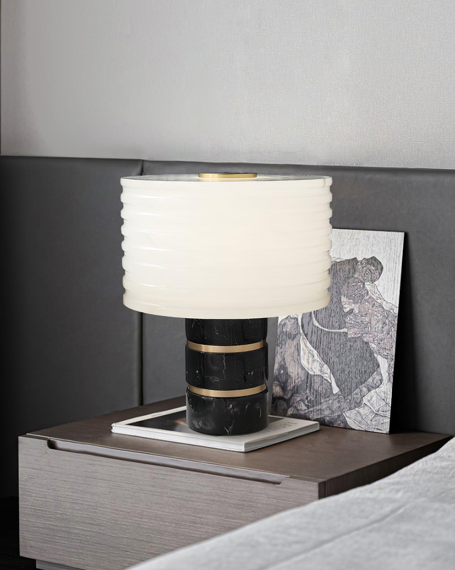 Modern Brass and Marble Table Lamp with Hand Cut Alabaster Stone Shade Elegant Desk Lighting
